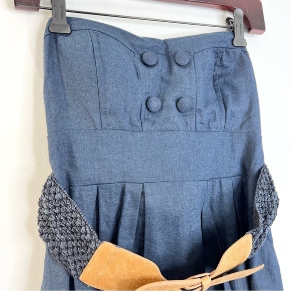 Simons navy blue linen blend belted strapless mini dress M - Picture 6 of 10